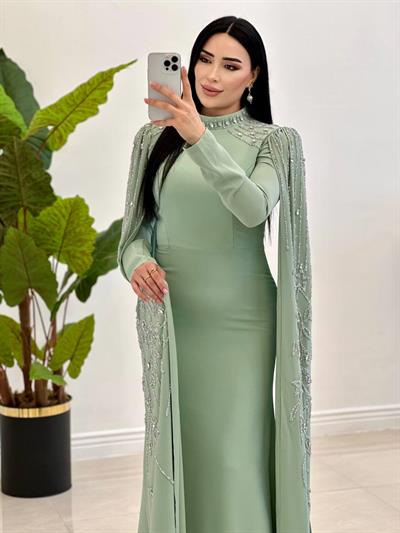 İşleme Pelerin Abiye 5260 Mint yeşili