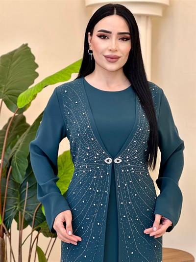 İşlemeli İkili Görünümlü Elbise 1025 e025 Zümrüt Yeşil