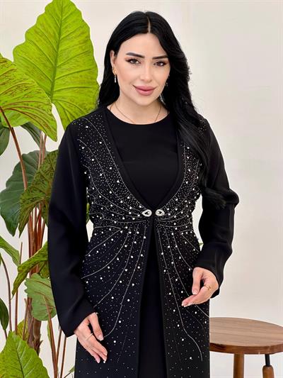 İşlemeli İkili Görünümlü Elbise 1025 e025 Siyah