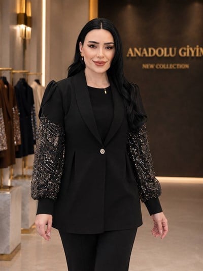 İşlemeli Kol Üçlü Şık Takım 1140 T-26 Siyah