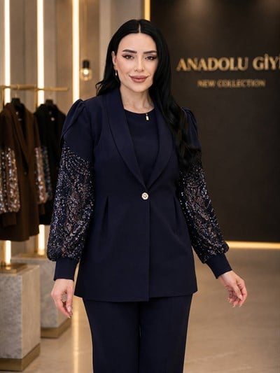 İşlemeli Kol Üçlü Şık Takım 1140 T-26 Lacivert