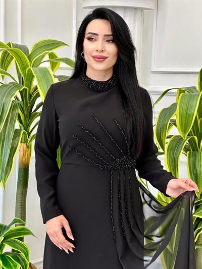 İşlemeli Şifon Detay Krep Elbise 5106 t-24 Siyah