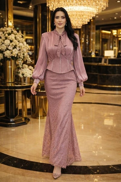 JanJan Drape Fularlı Güpür Abiye 135 T-26 Pudra