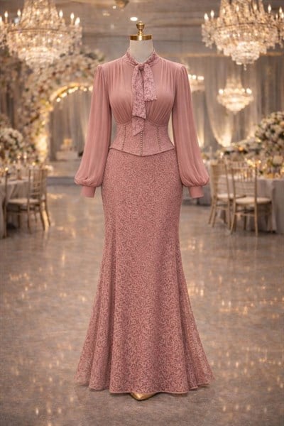 JanJan Drape Fularlı Güpür Abiye 135 T-26 Pudra