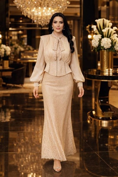 JanJan Drape Fularlı Güpür Abiye 135 T-26 Bej