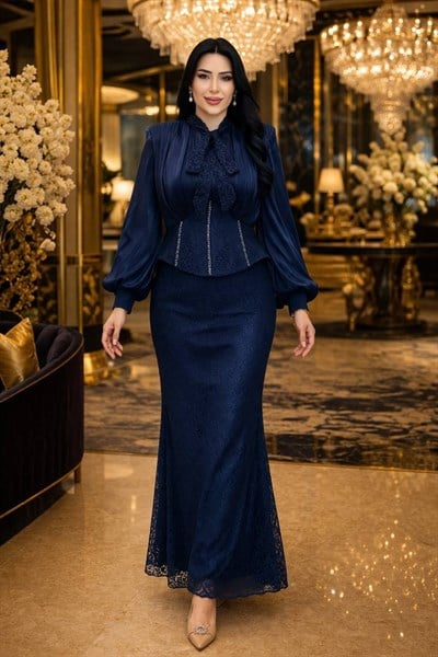 JanJan Drape Fularlı Güpür Abiye 135 T-26 Lacivert