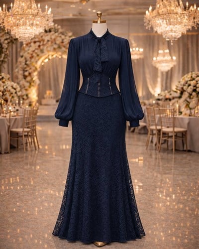 JanJan Drape Fularlı Güpür Abiye 135 T-26 Lacivert