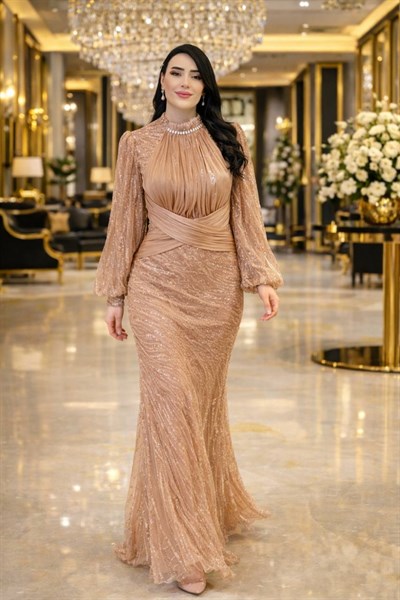 JanJan Drape İşlemeli Tül Abiye 146 T-26 Kahverengi