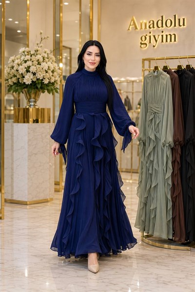 JanJan Eteği Volanlı Elbise 4853 T-26 Lacivert