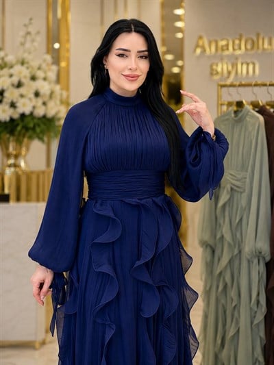 JanJan Eteği Volanlı Elbise 4853 T-26 Lacivert