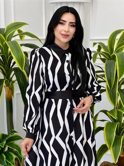 Jesica Desen Gömlek Elbise 16446 t-24 Siyah Beyaz