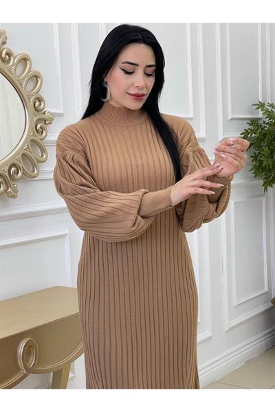 Kalın Fitilli Örme Elbise 123 Vizon
