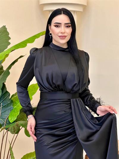 KAMPANYA Manşet Tüylü Saten Elbise 4681 T-25 Siyah