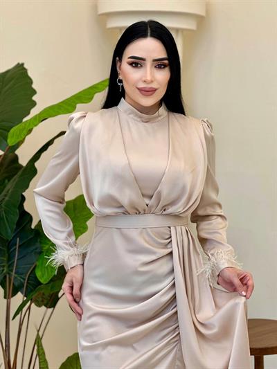 KAMPANYA Manşet Tüylü Saten Elbise 4681 T-25 Bej