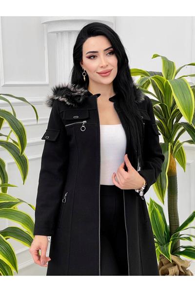 Kapak Detay Kaşe Kaban 6008 Siyah