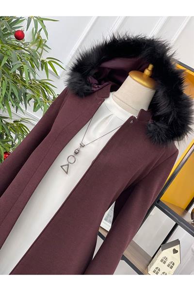 Kapişonlu Kaşe Kaban 445 Bordo