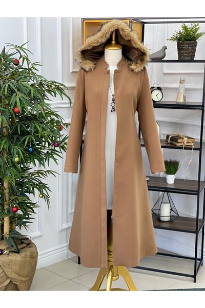 Kapişonlu Kaşe Kaban 445-Vizon