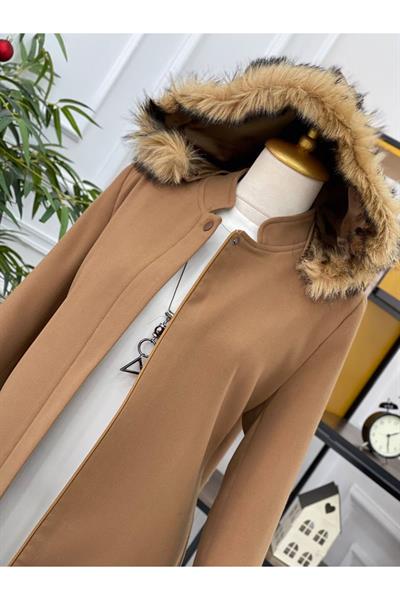 Kapişonlu Kaşe Kaban 445-Vizon