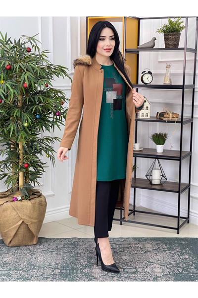 Kapişonlu Kaşe Kaban 445-Vizon