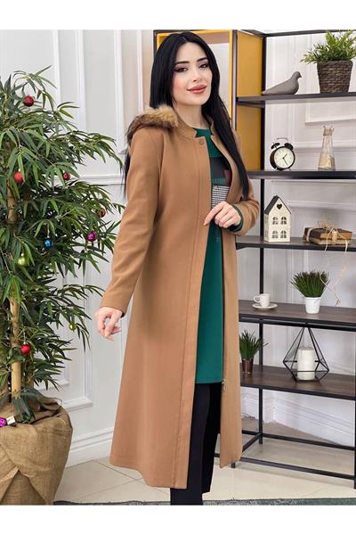 Kapişonlu Kaşe Kaban 445-Vizon