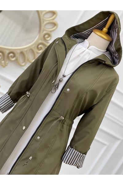 Kapişonlu Şerit Astarlı Trenç 4596-Haki