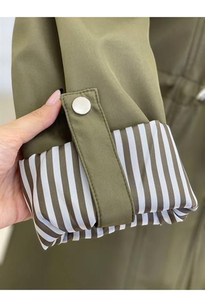 Kapişonlu Şerit Astarlı Trenç 4596-Haki