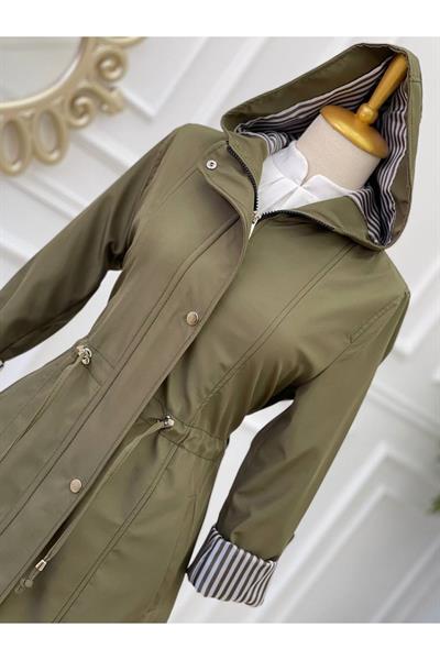 Kapişonlu Şerit Astarlı Trenç 4596-Haki