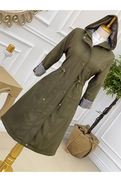 Kapişonlu Şerit Astarlı Trenç 4596-Haki