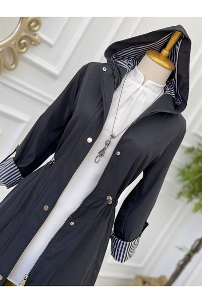 Kapişonlu Şerit Astarlı Trenç 4596-Siyah