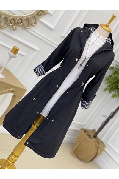 Kapişonlu Şerit Astarlı Trenç 4596-Siyah