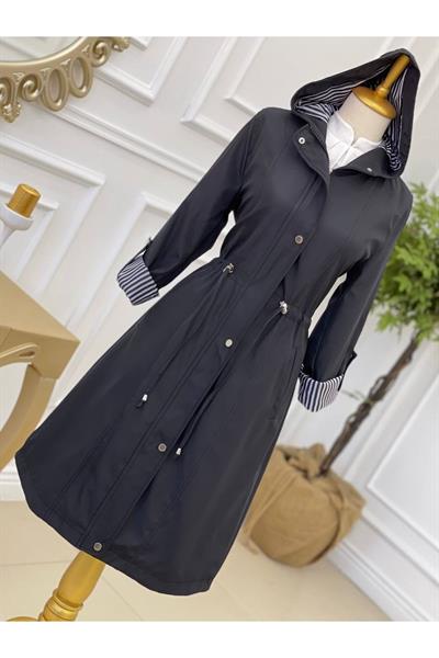 Kapişonlu Şerit Astarlı Trenç 4596-Siyah