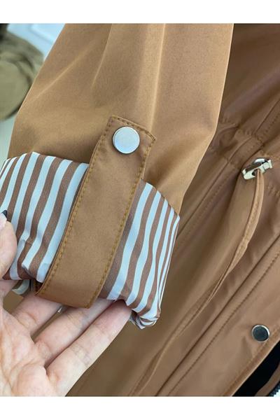 Kapişonlu Şerit Astarlı Trenç 4596-Taba