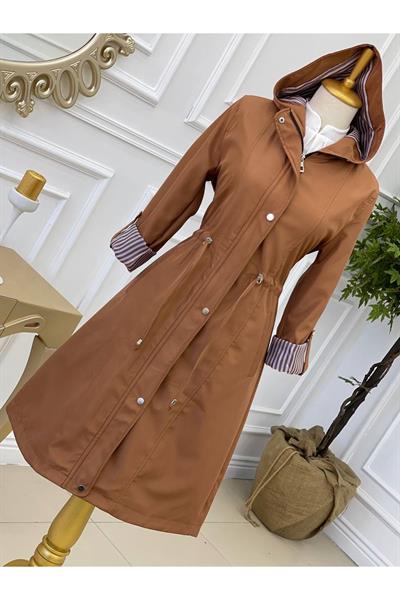 Kapişonlu Şerit Astarlı Trenç 4596-Taba