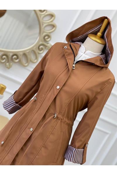 Kapişonlu Şerit Astarlı Trenç 4596-Taba