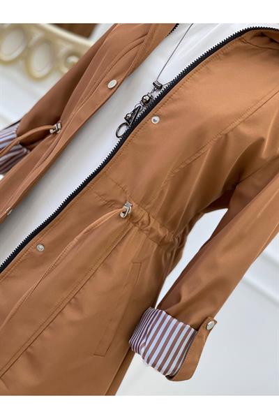 Kapişonlu Şerit Astarlı Trenç 4596-Taba