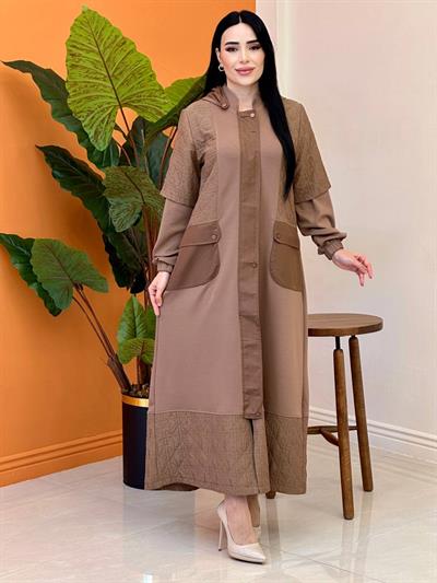 Kapitone Detay Çıkma Kol Manto 3576 T-25 Kahverengi