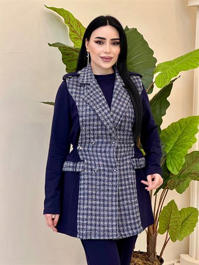 Kareli Kruvaze Yelekli Üçlü Takım 25149 T-25 Lacivert