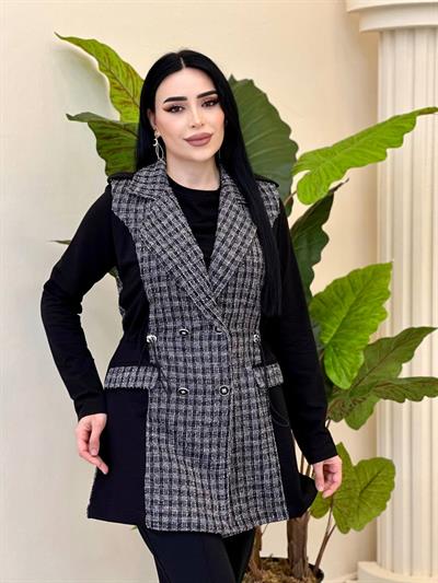 Kareli Kruvaze Yelekli Üçlü Takım 25149 T-25 Siyah