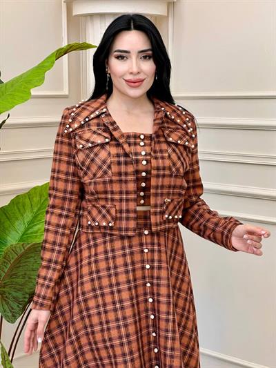 Kareli Üçlü Etekli Takım 0408 t-24 Taba