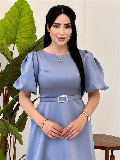 Karpuz Kol Saten Elbise 9053 T-25 Buz Mavisi