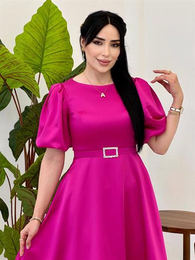 Karpuz Kol Saten Elbise 9053 T-25 Fuşya