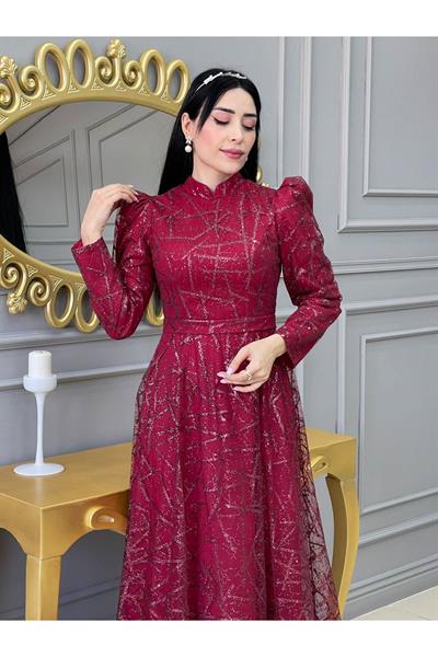 Karpuz Kol Simli Abiye 17895 Kırmızı