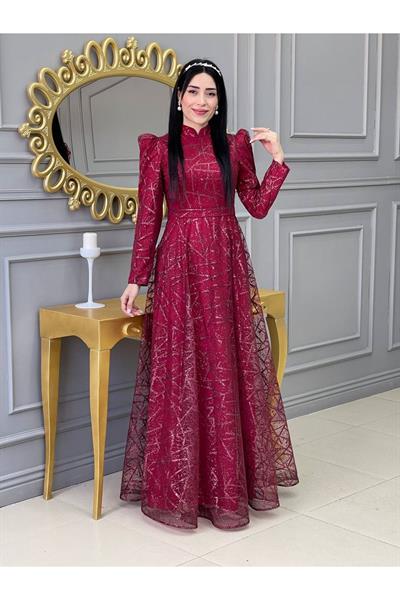Karpuz Kol Simli Abiye 17895 Kırmızı