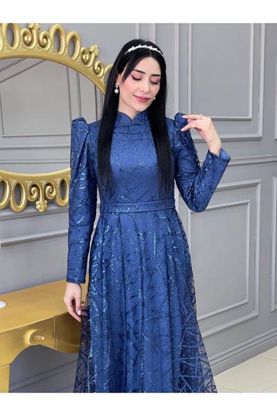Karpuz Kol Simli Abiye 17895 Lacivert