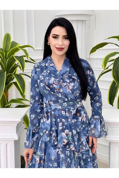 Kat Kat Asimetrik Şifon Elbise 3321 Mavi