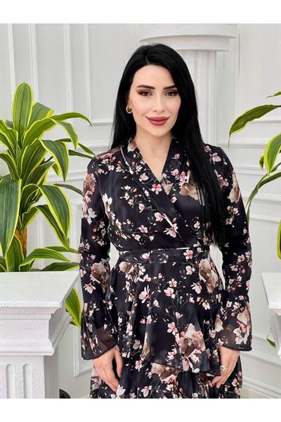 Kat Kat Asimetrik Şifon Elbise 3321 Siyah