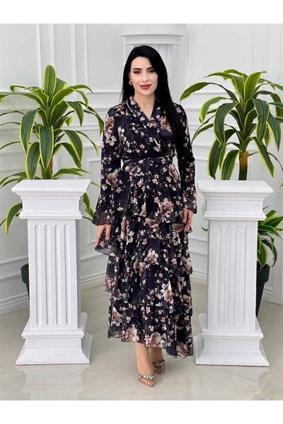 Kat Kat Asimetrik Şifon Elbise 3321 Siyah