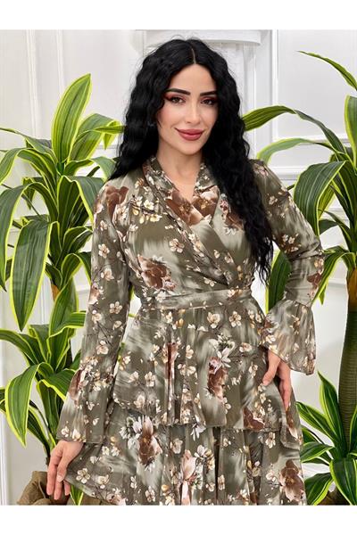 Kat Kat Asimetrik Şifon Elbise 3321 Yeşil