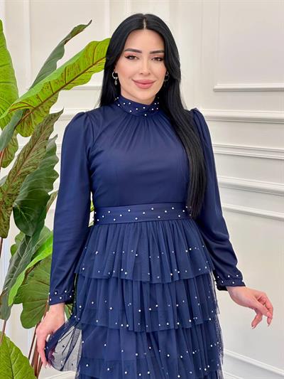 Kat Kat İnce İşleme Tül Elbise 4656 T-25 Lacivert
