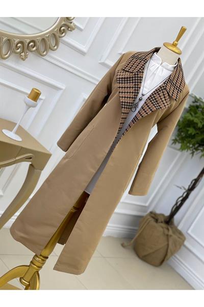Kaz Ayağı Yaka Trenç Kot 5216-Camel